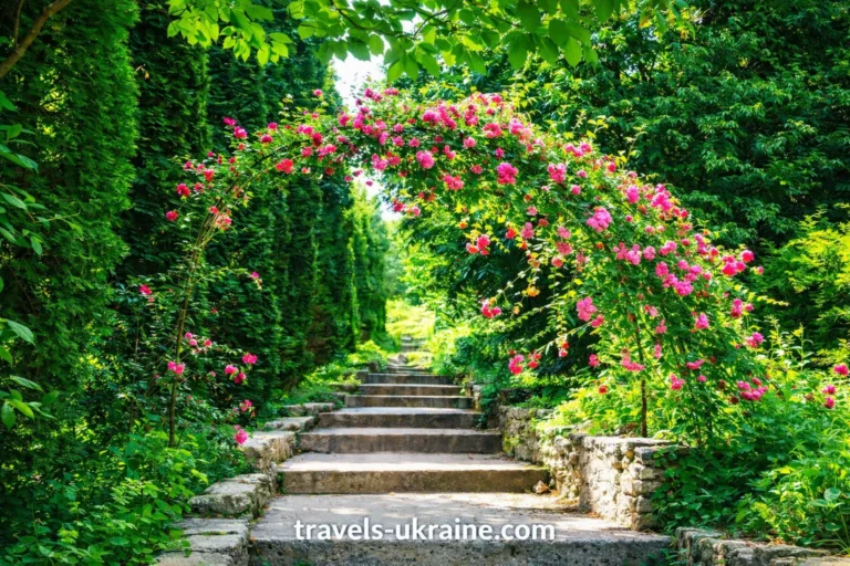 Ботанічний сад у Кременці, камінна стежка під аркою троянд
