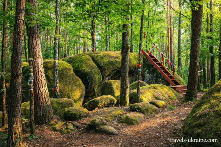 Лісова стежка між моховими валунами Камінного села
