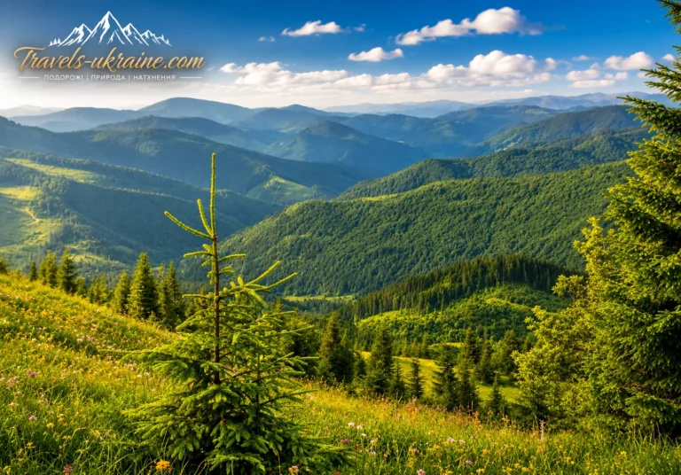 Природа Карпат на ясному небі з гори Парашка