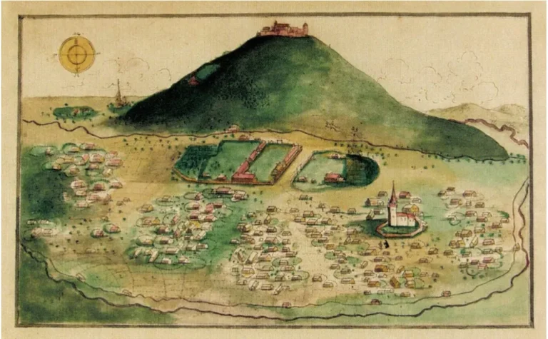 Хуст і замок у 1714 році — історичне зображення до руйнування 1766 року