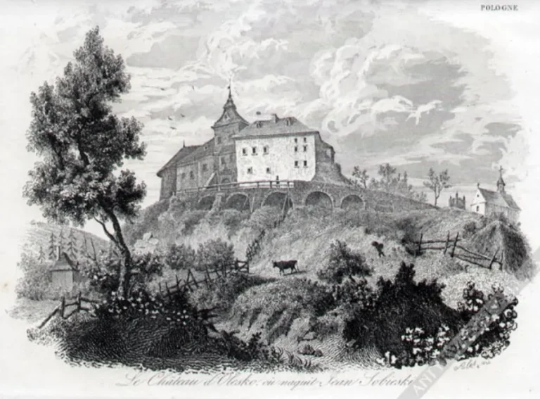 Гравюра Auguste François Alés 1836 року «Олеський замок, де народився Ян Собеський»