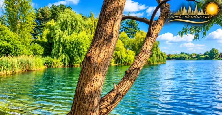 Природні краєвиди Блакитного озера — спокійна водна гладінь, золотавий пісок і зелені береги поблизу Києва.